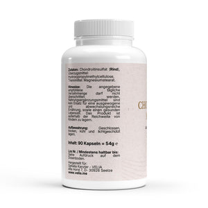 VELIA Chondroitin 1.000 mg – Seitenansicht mit Zutaten, Hinweisen und Füllmenge